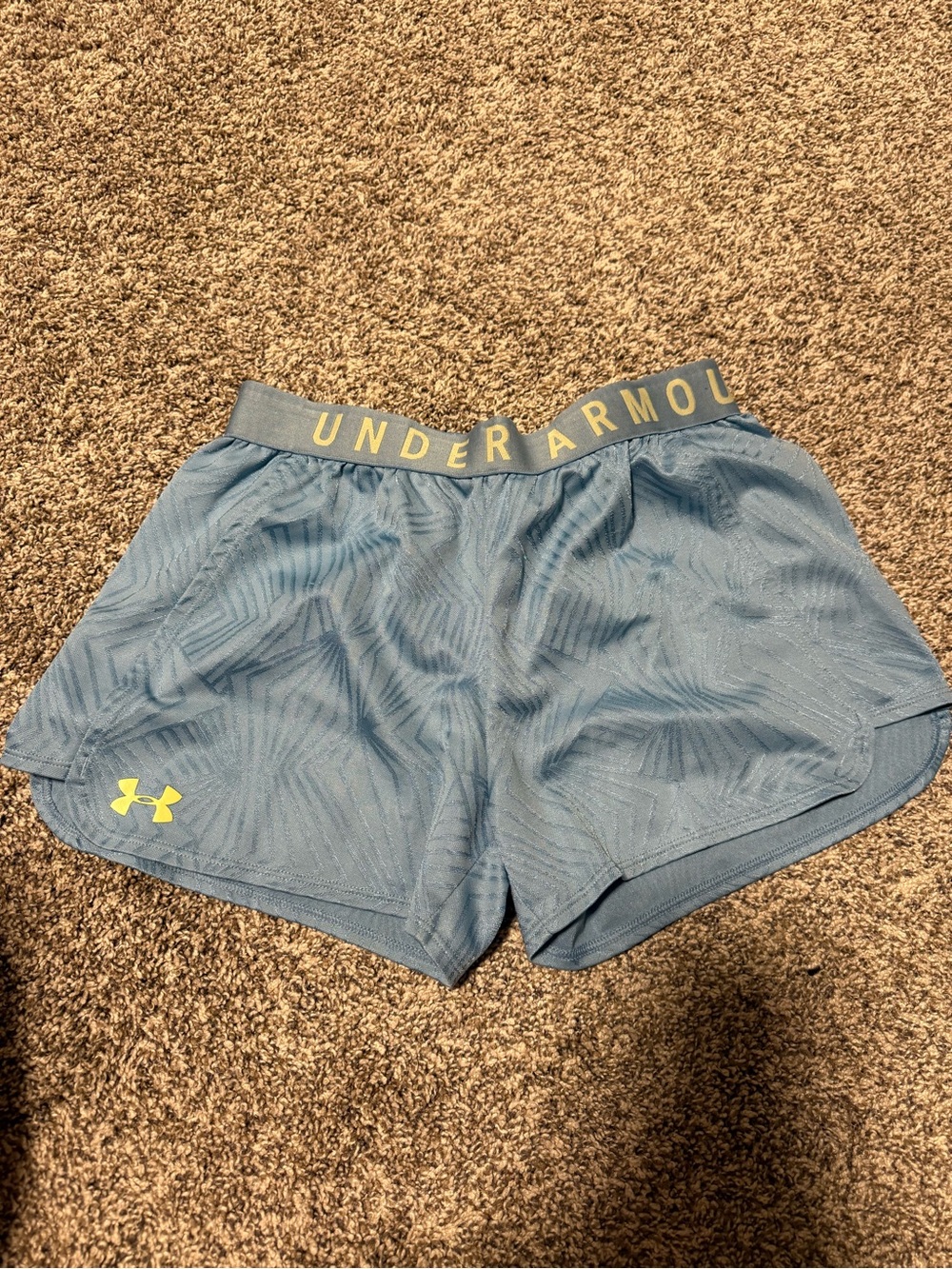 Under Armour Women's Slate Blue Athletic Shorts with Yellow Logo